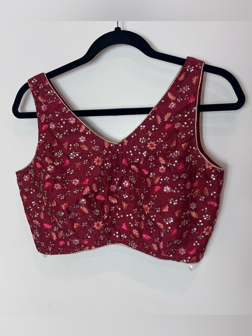 Floral Embroidered V-Neck Maroon Red Pink Crop Top NWT Medium Indya